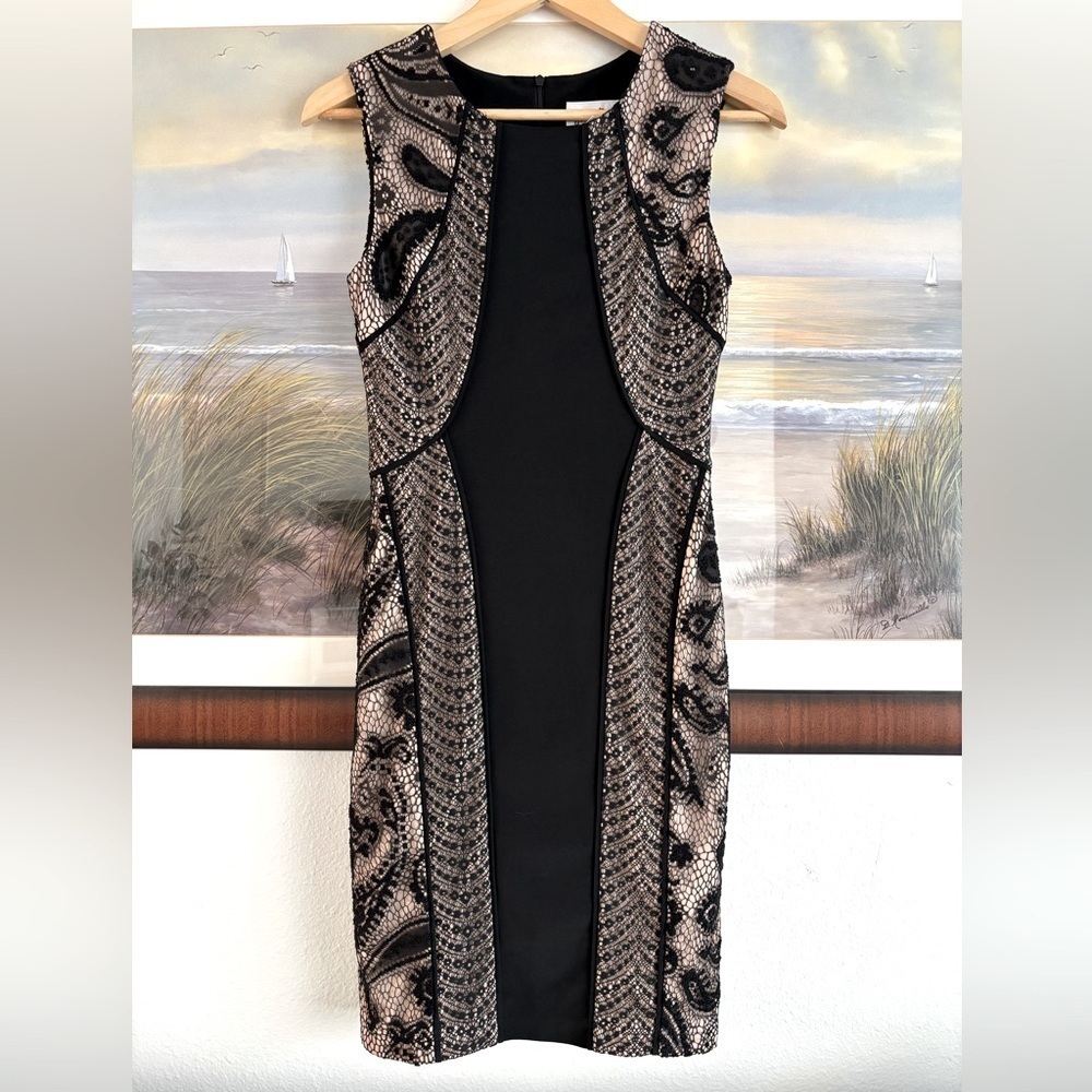 Joseph Ribkoff Black and Tan Lace Sleeveless Dress Size 6 Midi Length